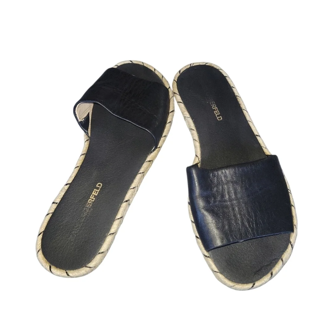 Karl Lagerfeld Black Leather Espadrille Accent Braided Women's Slides Sandals